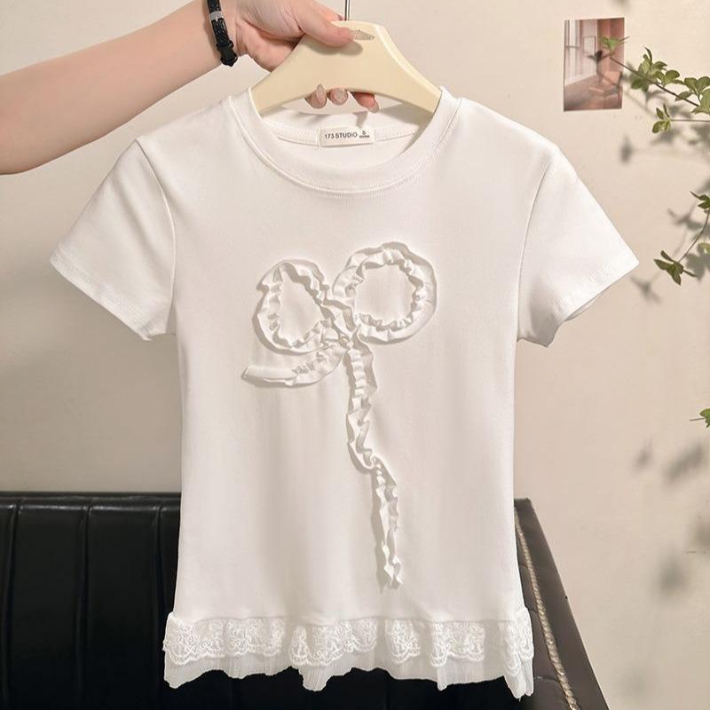Summer cotton short-sleeved t-shirt women's Korean hem lace solid color round neck versatile women's new top