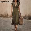 Summer French V-Neck Cotton Linen Flutter Sleeve Ruffled Long Maxi Dress for Women