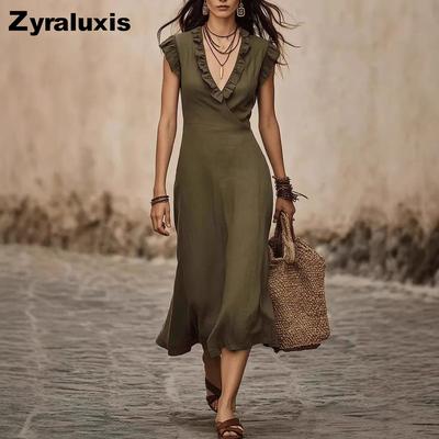 Summer French V-Neck Cotton Linen Flutter Sleeve Ruffled Long Maxi Dress for Women