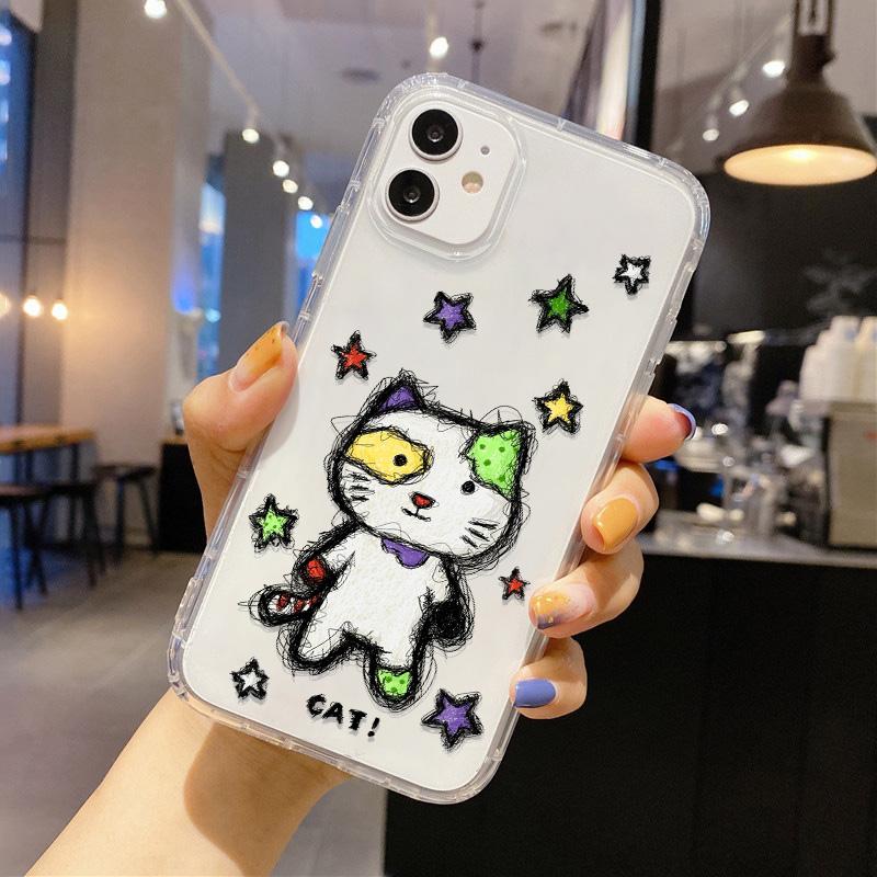 Cute Kawaii Cat Dog Sticker Phone Case for iPhone 17 16 15 14 13 12 11 Pro Max Plus Korean Style Shockproof Clear Soft TPU Cover