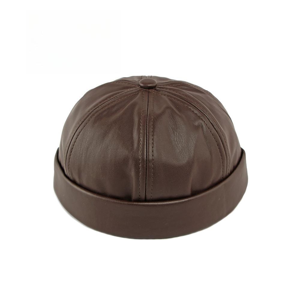Unisex PU Leather Brimless Cap Retro Docker Hat Sailor Miki Beanie Rolled Cuff Skullcap Yuppie Streetwear Melon Cap