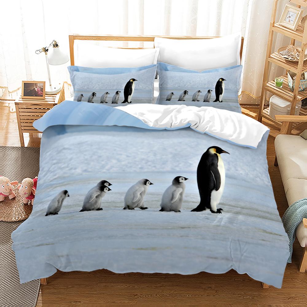 Antarctic Penguins Duvet Cover Set For Kid Girl Boy Cute Animals Polyester Comforter Cover Black White Print Bedspread King Size