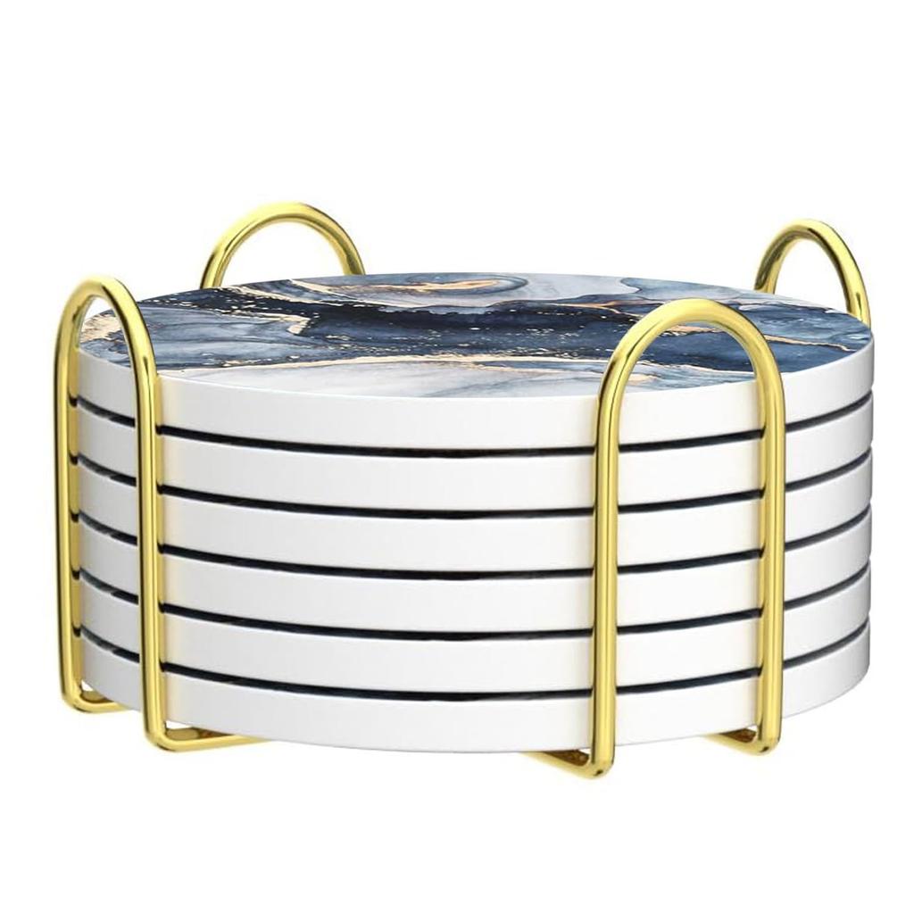 HUACHENG Stylish Set of 6 Ceramic Coasters with Marble Pattern, Heat-Resistant, Protective Cork Backing, MugTea PadCup Mat, Water-Absorbent,