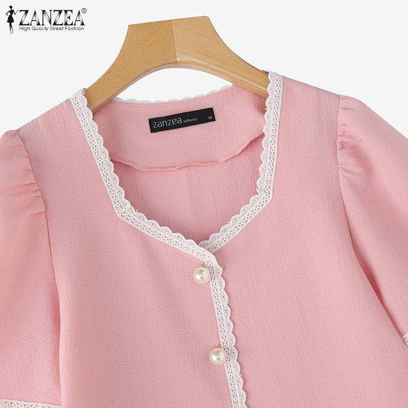 ZANZEA Women Casual Square Neck Summer Short Sleeve Splice Blouse