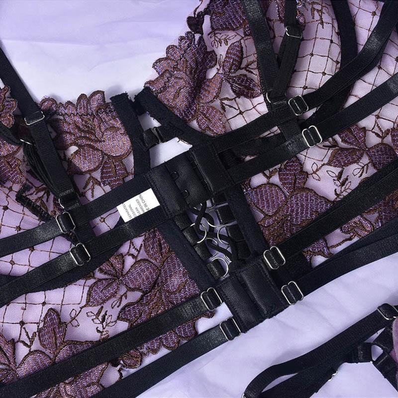 TERMEZY Sexy Lace Lingerie French Thin Transparent Underwear Female Embroidery Brassiere 3-Piece Exotic Bra and Garter Thong Sets