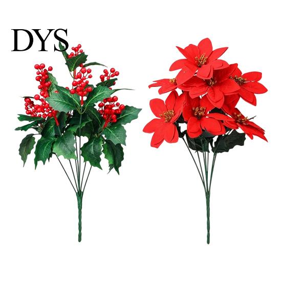 Indoor Holiday Ornament for Mantel Artificial Poinsettia Flowers, Christmas Red Bouquet with Berries, Faux Silk Maintenance Free Plant Decor