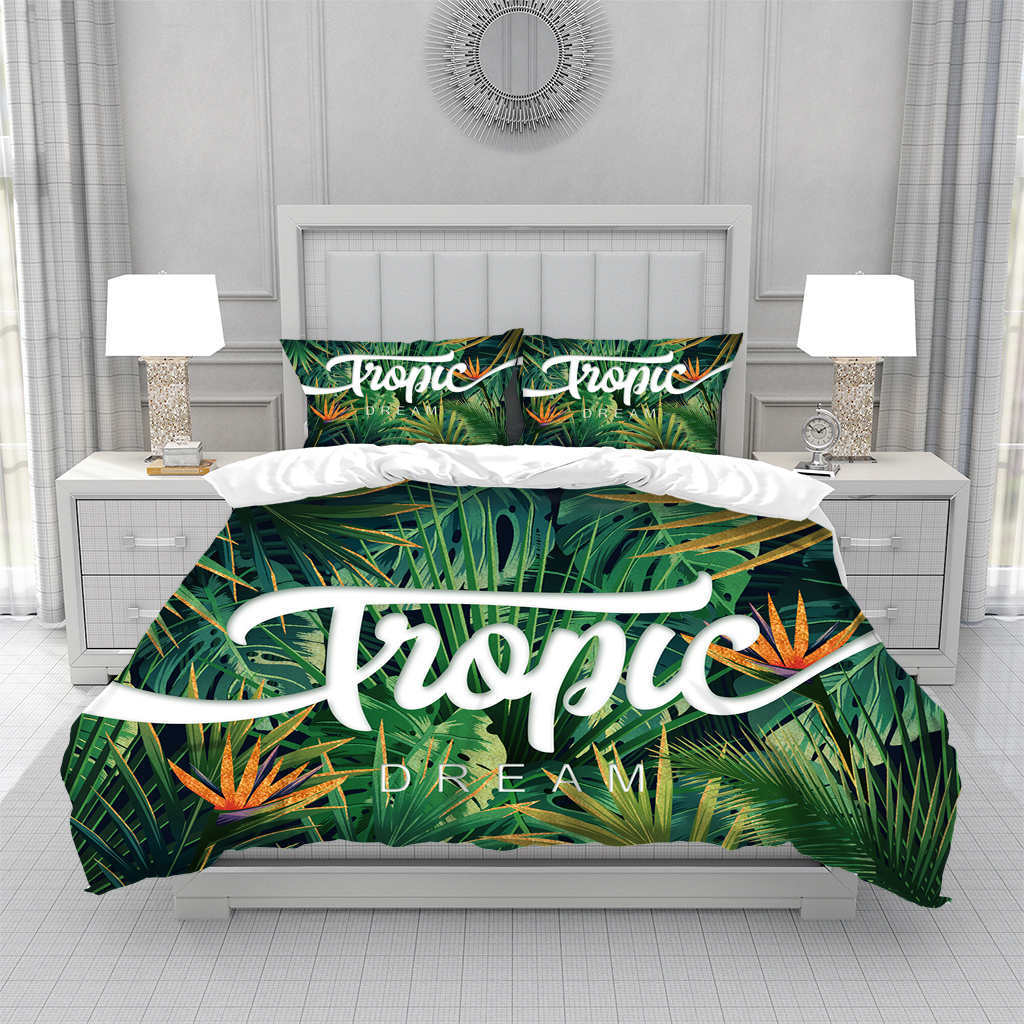 Pflanze Bambus Bettbezug KingQueen Größe Grünes Bambusblatt Zweigmuster Druck Bettwäsche Kollektion Weich 23 Teile Polyester Deckenbezug