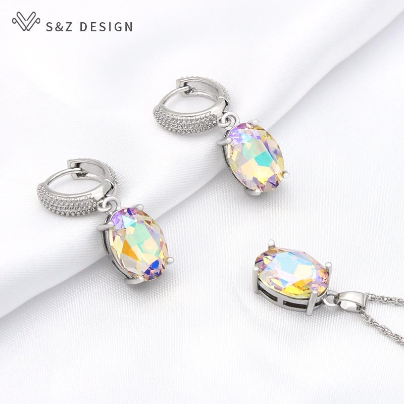 Mode Rose Gold Farbe Oval Ei Form Kristall Tropfen Ohrringe Schmuck Sets Für Frauen Hochzeit Party Elegante Anhänger Halskette