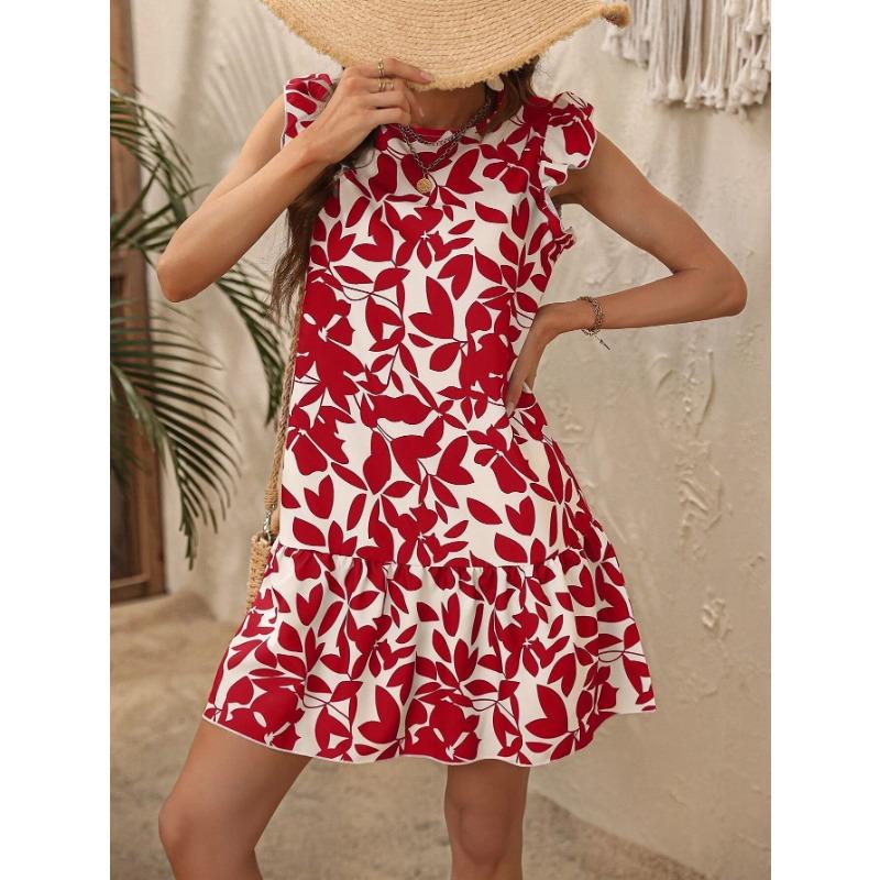YYFS Dámská móda Léto Jaro Květinový potisk Ležérní šaty bez rukávů s výstřihem do O s vysokým pasem