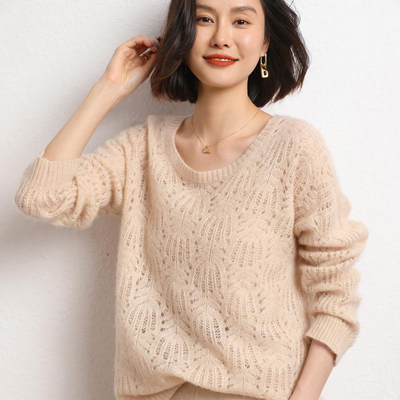 Women's Cashmere Round Neck Hollow-Out Sweater - 2023 Autumn/Winter Loose Fit, Niche Design, Short Style.