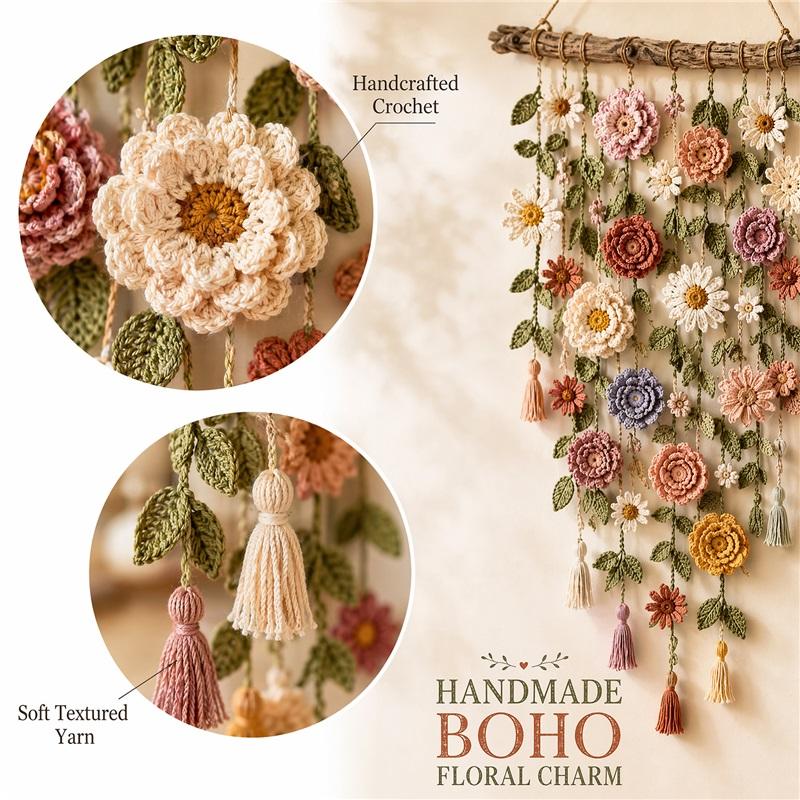Handmade Cotton Floral Crochet Macrame Hanging Soft Artisan Wall Piece Boho Farmhouse Indoor Wall Art Ornament for Home Room