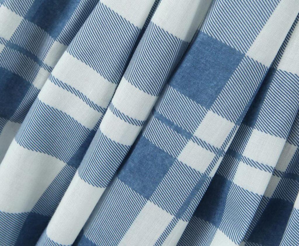 French Summer Plaid Puff Dress with Bow Tie and Short Sleeves