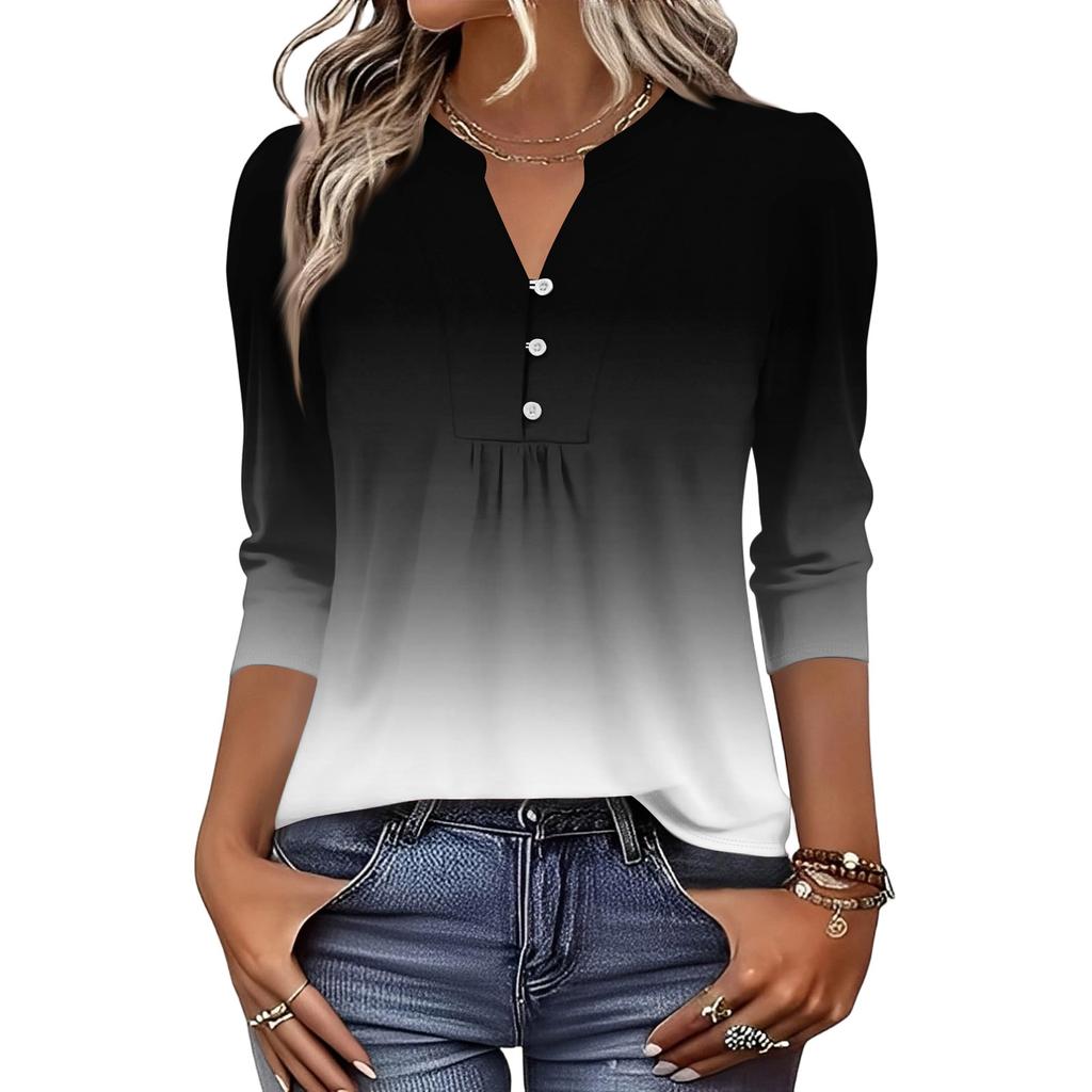 Dámské módní ležérní tričko s bloky barev, gradientním potiskem, výstřihem do V, knoflíky a tříčtvrtečními rukávy