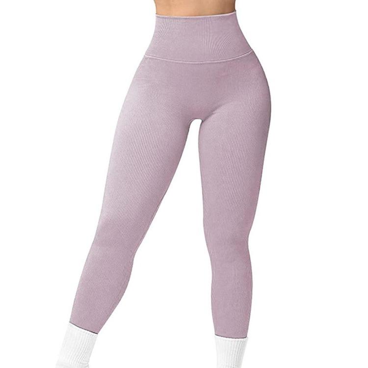 Women High Waisted Yoga Pants Ribbed Seamless Gym Leggings Solid Sport Fitness Running Training Tights Tummy Control Workout Female