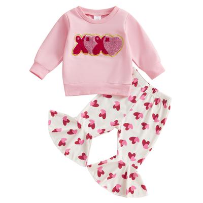 Toddler Girls Valentine's Day Sets Letter Embroidered Long Sleeve Sweatshirt Heart Print Flare Pants 2-Piece Outfits