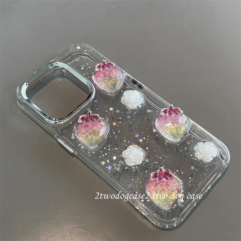 Gradient Color Strawberry Three-dimensional Flower Phone Case for IPhone16promax Glitter Powder for Apple 17 Sequin Transparent