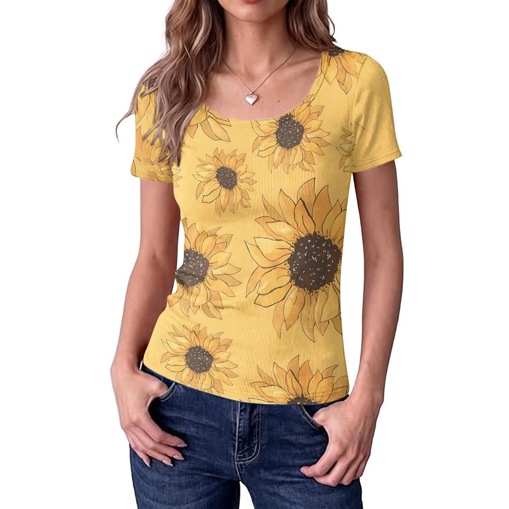 Women's Slim Fit Square Neck Floral Print Short Sleeve Top Ribbed Stretch Fabric Vintage Style Casual Shirt