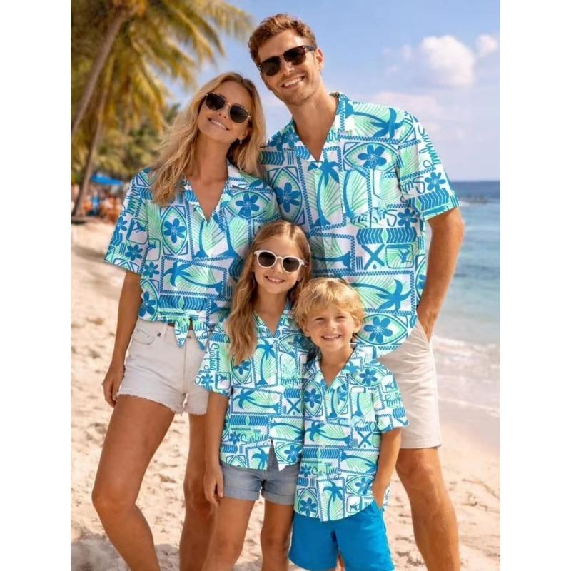 Summer Men's Family Wear Beach Hawaiian Shirt Tropical Summer Style Sandcastle Palm Tree Print Shirt Vacation Gift Child T-Shirt