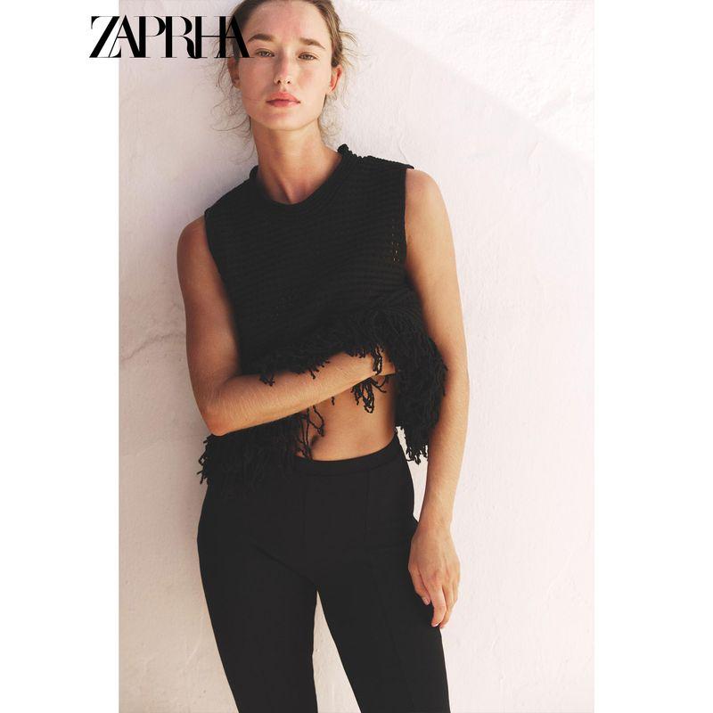 Zaprha 2025 Autumn New Sweet Plaid Knitted Tassel round Neck Sleeveless Vest Top 4331027