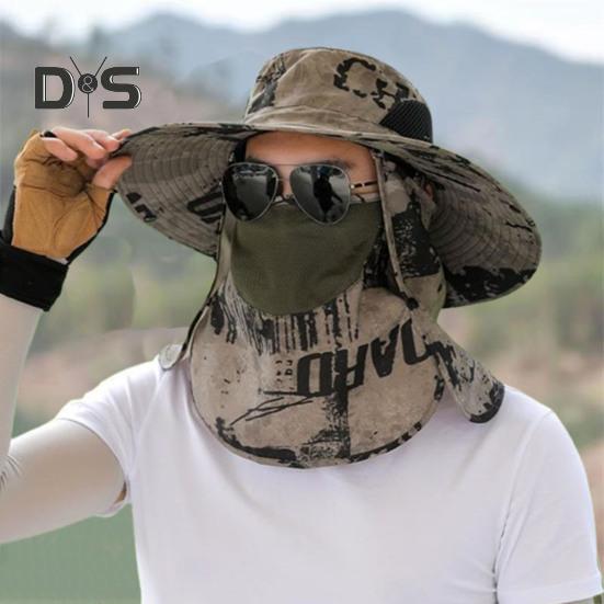 Men Fisherman Hat with Front Cover Large Brim Hollow Mesh Camouflage Print Anti-UV Sunlight Protection Quick Dry Great Breathability Outdoor Fishing