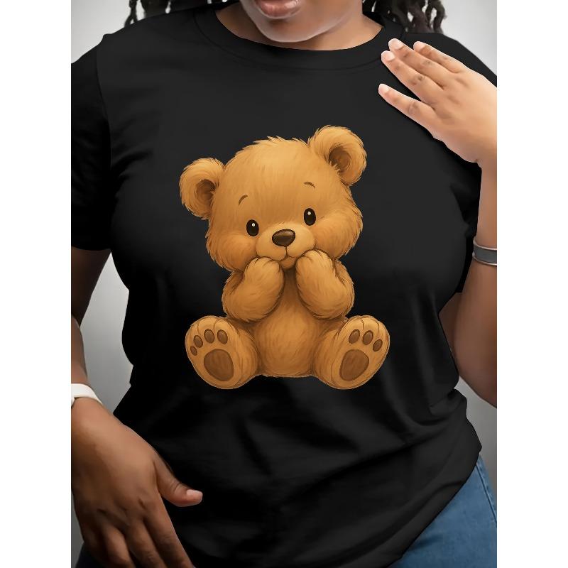 European Size Women'S Casual Short-Sleeved Round-Neck T-Shirt - Cute Bear Print, Regular Style, Machine-Washable All-Season Top, Bear Pattern Design