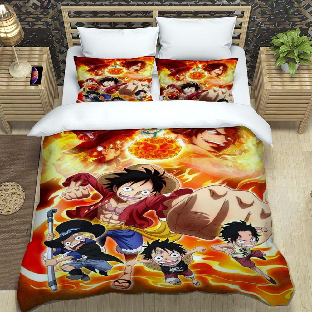 A Comfortable 3D Cartoon Comic Book Series "One Piece" Bedding Set, Including Duvet Cover, Pillowcases, and A Children's Set.