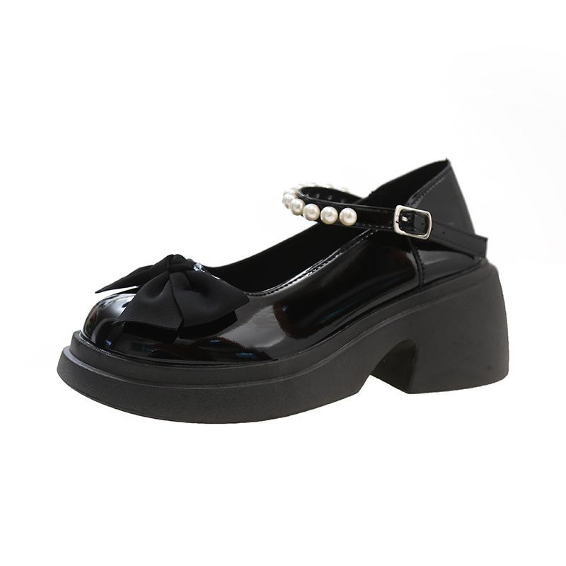 French fashion Mary Jane small leather shoes women's spring new thick-soled heightening bow with skirt thick heel high heel single shoes