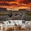 One party banner, motorcycle rider sunset road background decoration background photoDJH