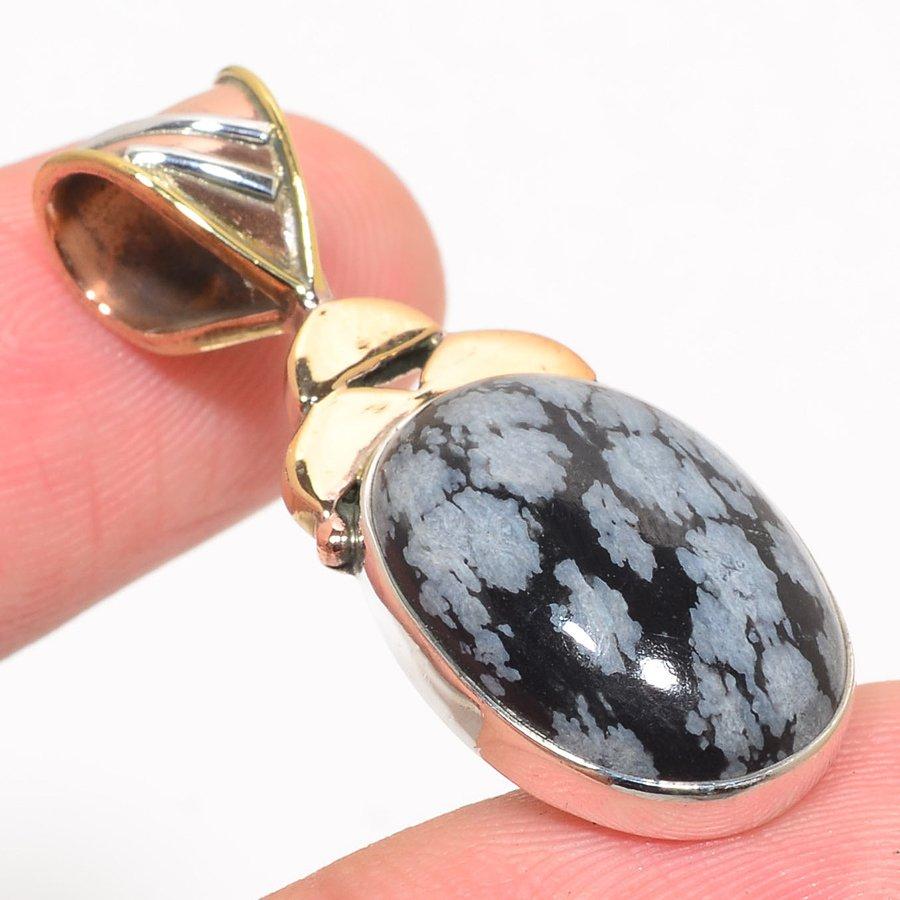 Natural Snowflake Obsidian Two Tone 925 Solid Sterling Silver Pendant 1.75" H3S75