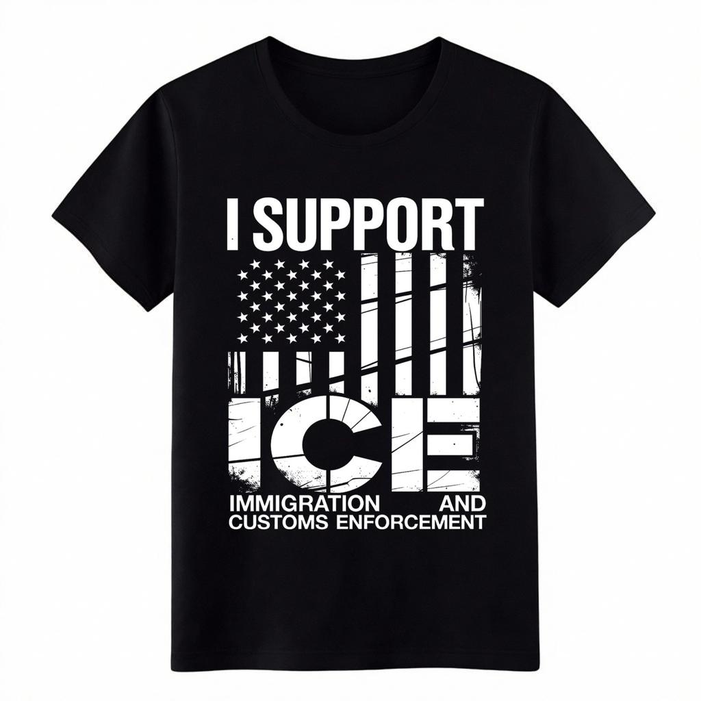 I Support ICE Graphic T-Shirt Unisex USA Flag Patriotic Distressed Casual Tee