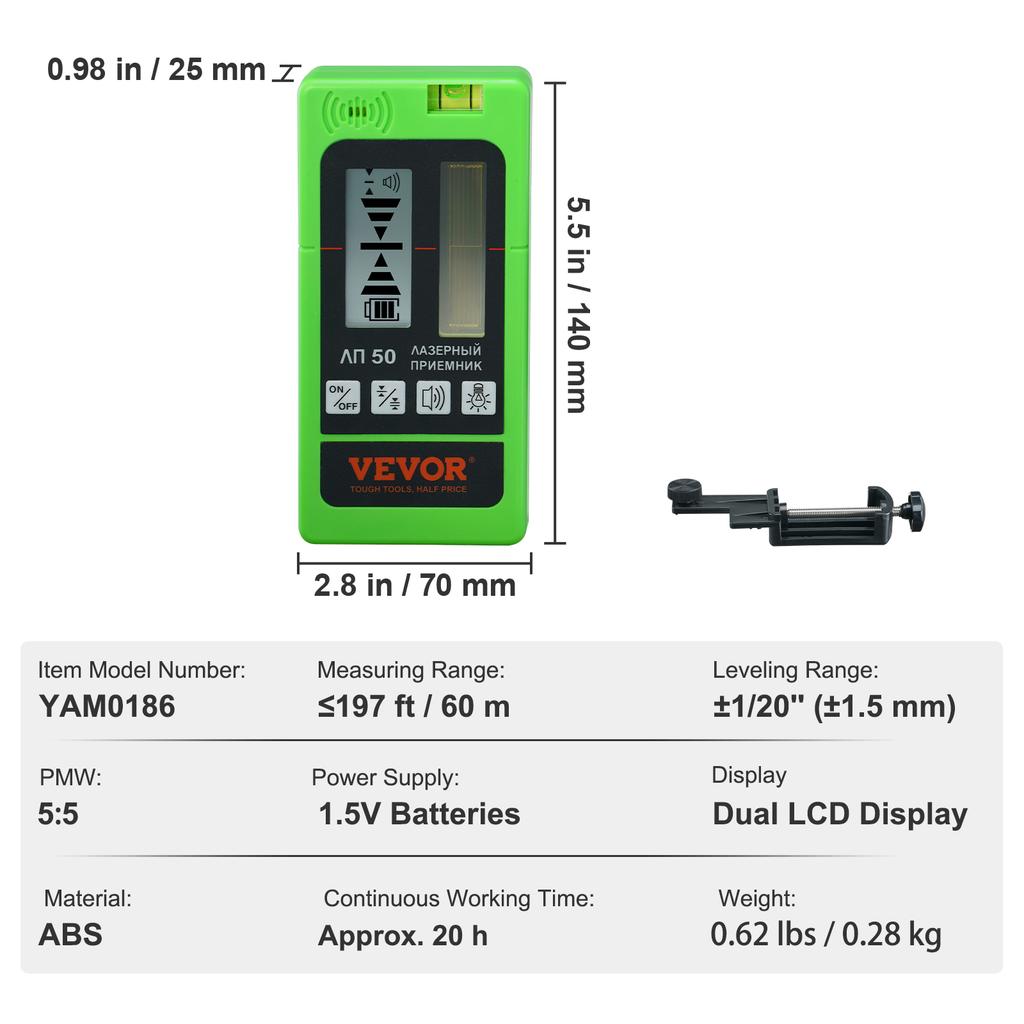 SucceBuy Laser Receiver for Laser Level 197 Ft Working Range Green Laser and Red Beam Detector for Pulsing Line Lasers