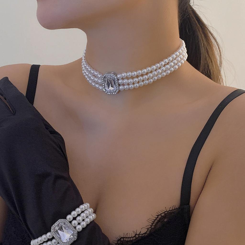 Stacked beaded heart-shaped full diamond French necklace temperament multi-layer rice-shaped imitation pearl necklace women's European 