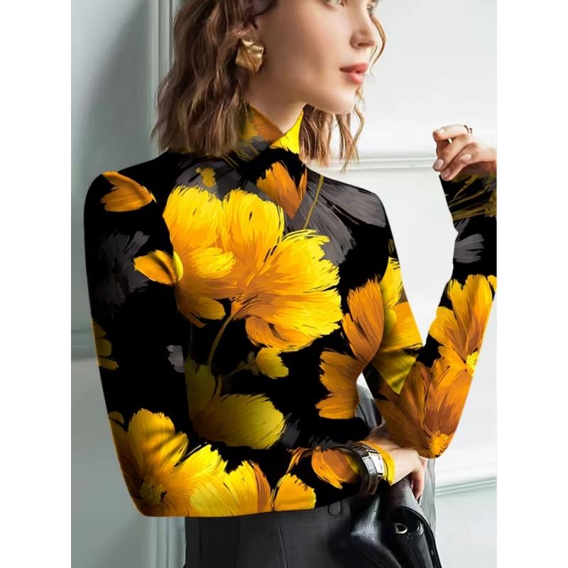 Women's Elegant Yellow Flower Long Sleeve Shirt - Half Turtle Neck T-Shirt Top, Micro Stretch - Versatile Shirt for All Seasons