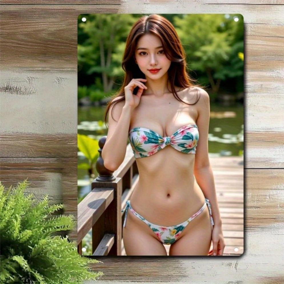 

Vintage Floral Bikini Metal Wall Art - Pink & Iron Round Aluminum Sign, Easy Hanging Home Café Bar Office Farmhouse Fall Decor 20x30cm（7.8x11.8inch）
