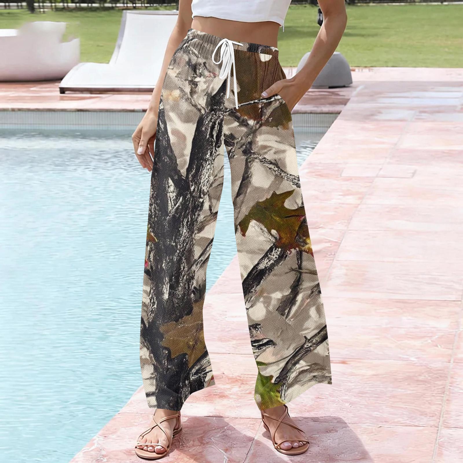 

Women s Casual Printed Wide Leg Drawstring Pocket Beach Casual Pants XXL