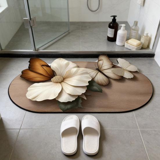 Floor Mat Quick Drying High Water Absorption 3D Realistic Butterflies Floral Pattern Anti-Slip Bathroom Mat Entryway Kitchen Rug