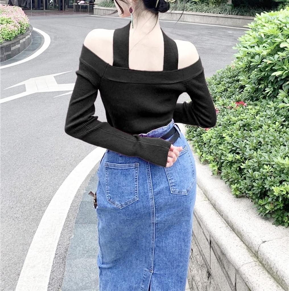 Plus Image Long Sleeve Strap Shoulder Knit Size F Women's Top, Blue,