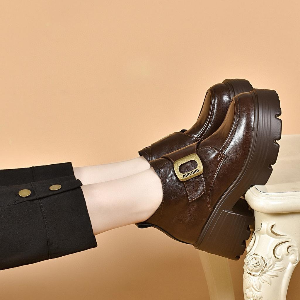 Platform Shoes Women's Autumn and Winter Waterproof Table Thick Heel Square Buckle High-top Shoes Women's Cotton Shoes Muffin and Small Leather Shoes