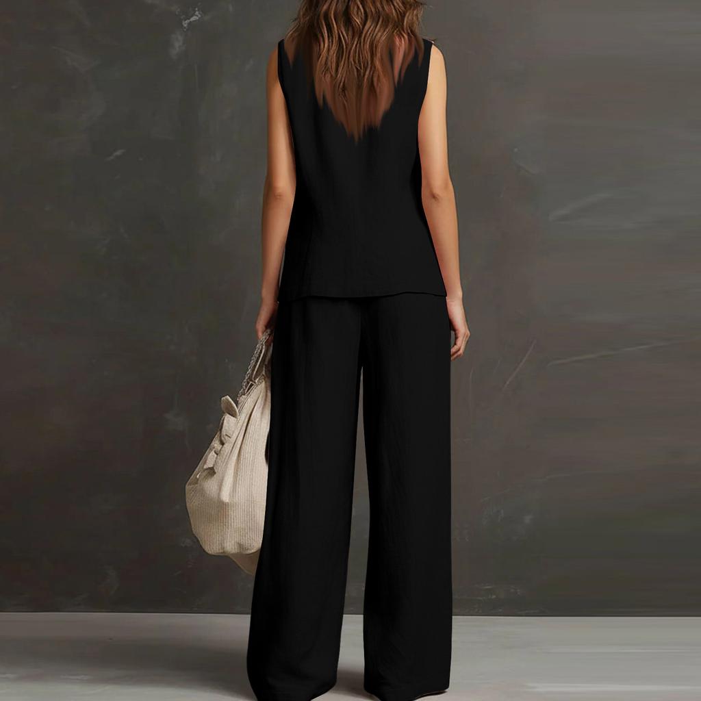 Women’s Two Piece Sleeveless Vest and Wide Leg Pants Set Button Front Relaxed Fit Lightweight Fabric for Daily Wear Office Travel