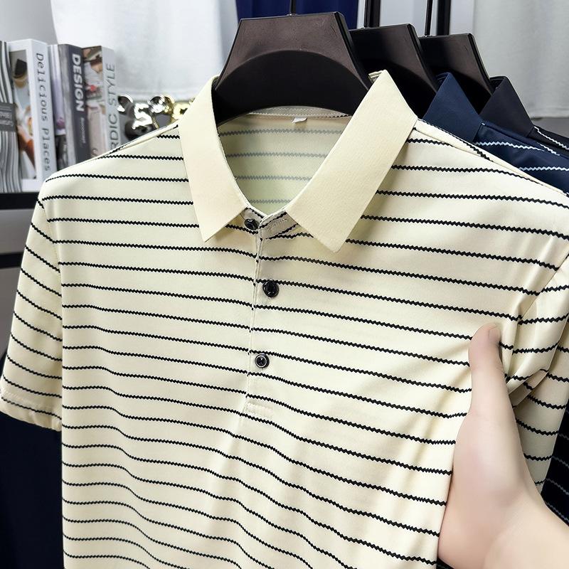 Summer Men s Short Sleeve Polo Lapel Collar Striped Casual Breathable T-Shirt Top M