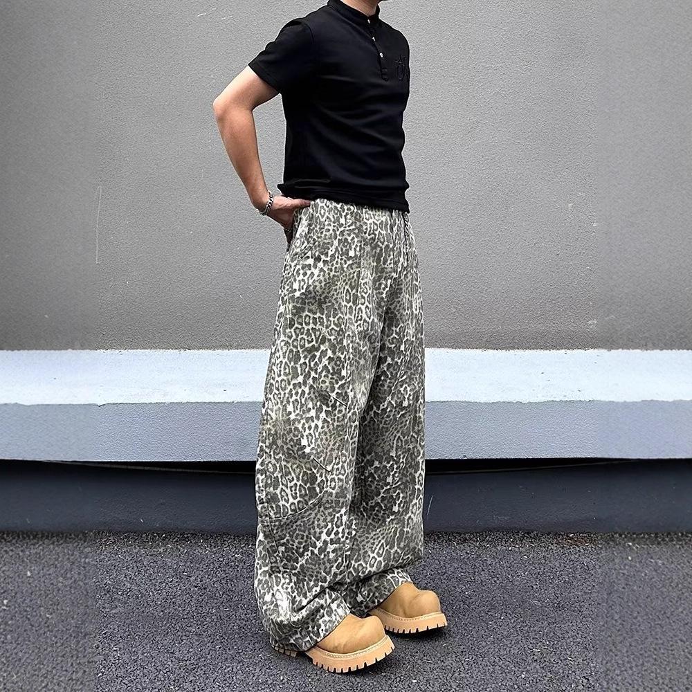 American street vibe retro washed old leopard print jeans men's and women's design scimitar loose wide-leg pants