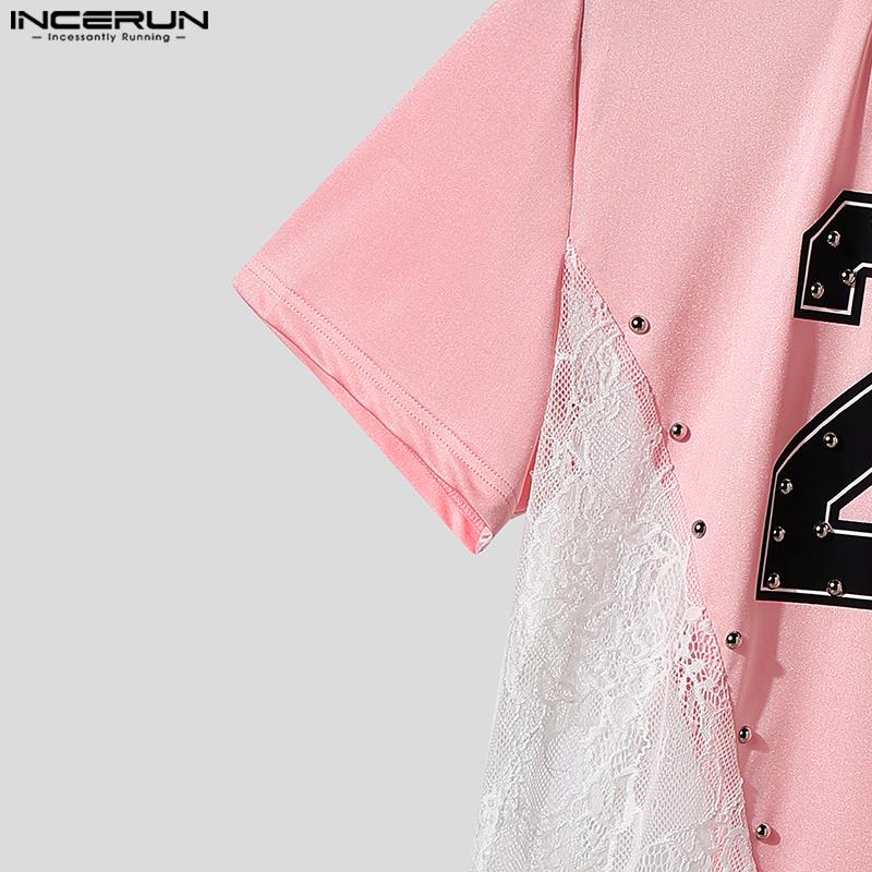 INCERUN Men O Neck Short Sleeve Letter Print Lace Patchwork Irregular Tops T-shirts