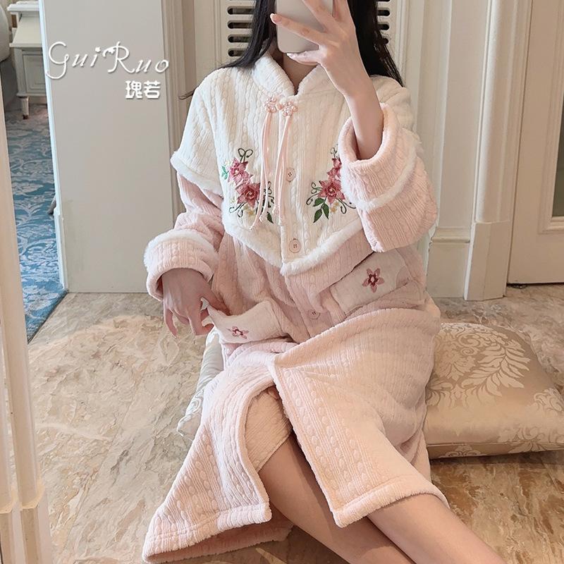 Women's Vintage Velvet Stand Collar Frog Button Robe Pajama Set