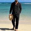 Men's Linen Long-Sleeve Lapel Shirt & Straight-Leg Pants Set for Casual Spring/Autumn Beachwear