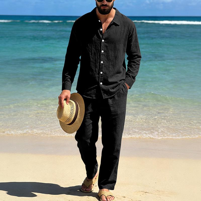 Men's Linen Long-Sleeve Lapel Shirt & Straight-Leg Pants Set for Casual Spring/Autumn Beachwear
