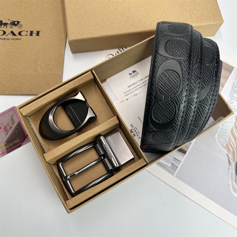 Men's Classic Double Buckle Leather Belt with C Buckle and Fabric Texture - Business Casual Trousers Accessory