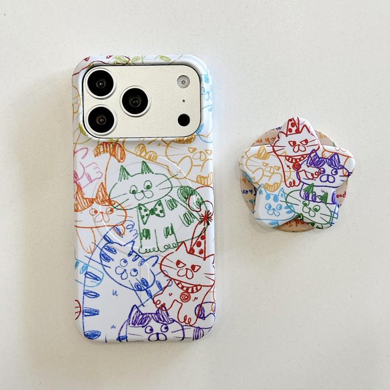 Colorful Doodle Cat Hard Phone Case IPhone 16 15 Pro 17 Max With Magnetic Stand PC Shell