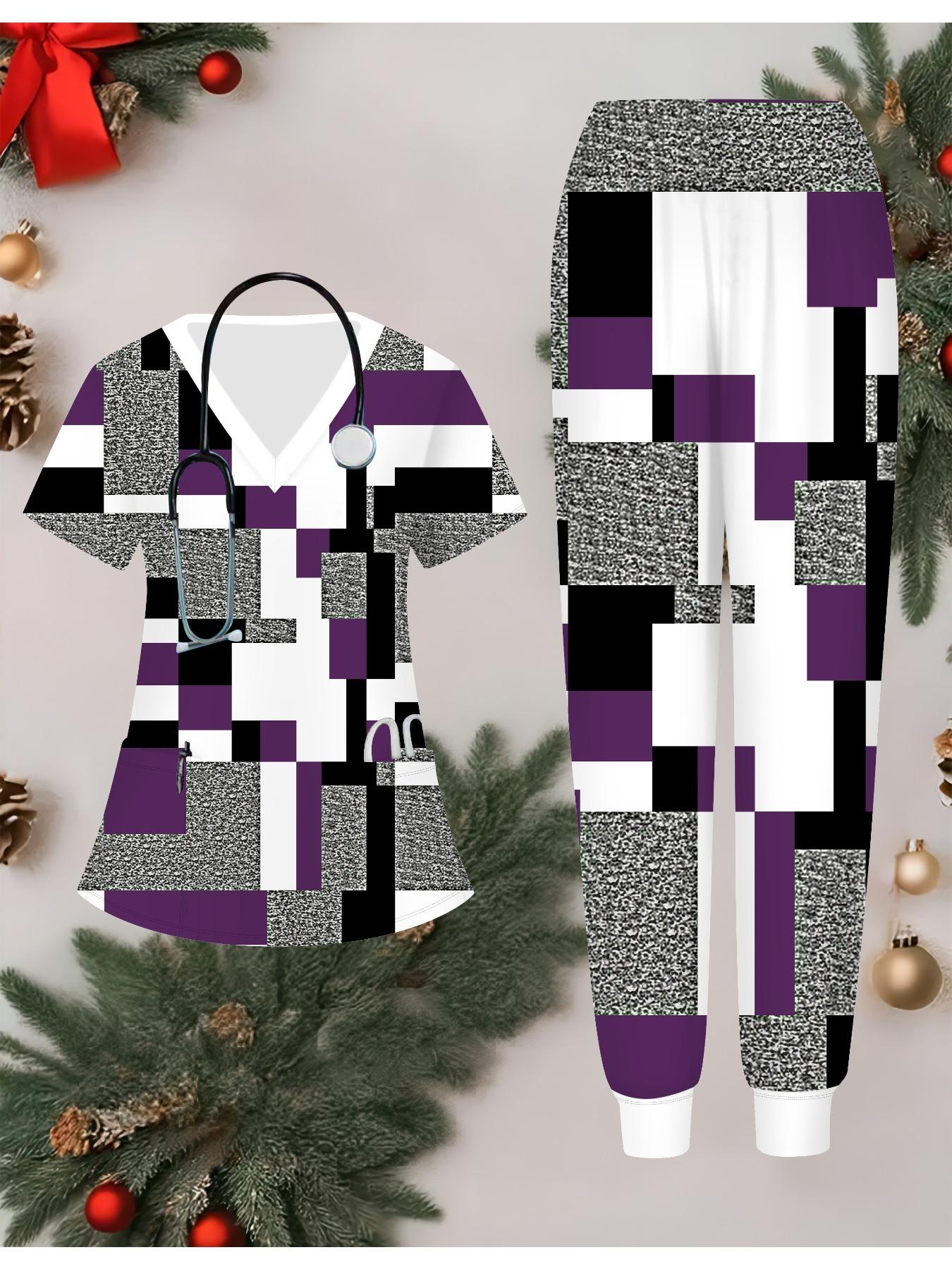 

Женский комплект медсестры с 3D геометрическим узором и цветочным принтом, короткий рукав, длинные брюки с карманом, повседневный, модный, рождественский подарок XXL фиолетовый