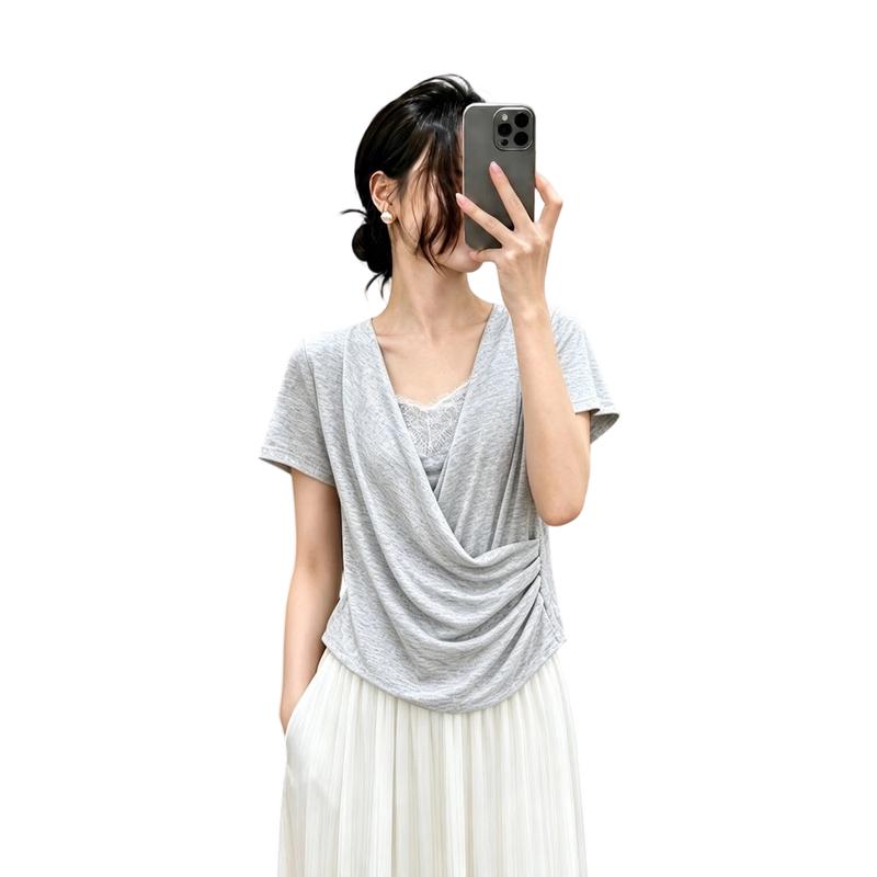 La Chapelle Women s U-Neck Faux Two-Piece Lace Short Sleeve T-Shirt M