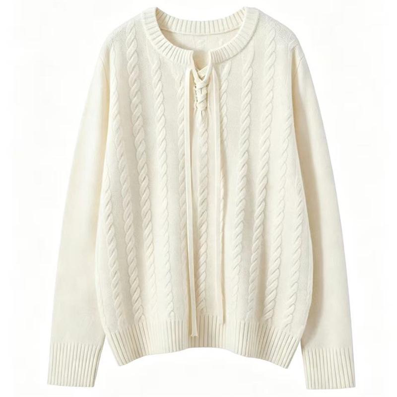 Women's Versatile Cable Knit Sweater - Loose Fit, Soft & Fluffy, Long Sleeve, Lace-Up, Round Neck for Autumn/Winter